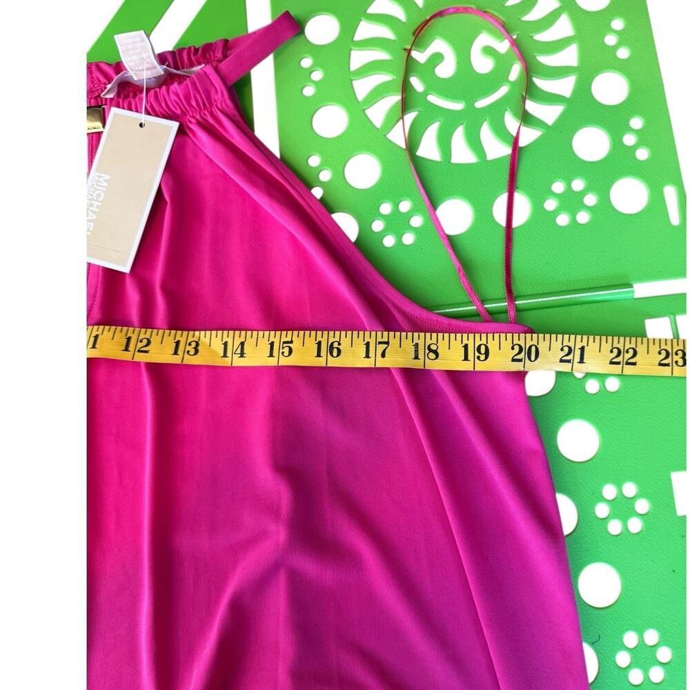 Michael Kors Women Midi Dress Fuscia Halter Neck Asym Hem Gold Trim Sz Med NWT - Picture 8 of 8